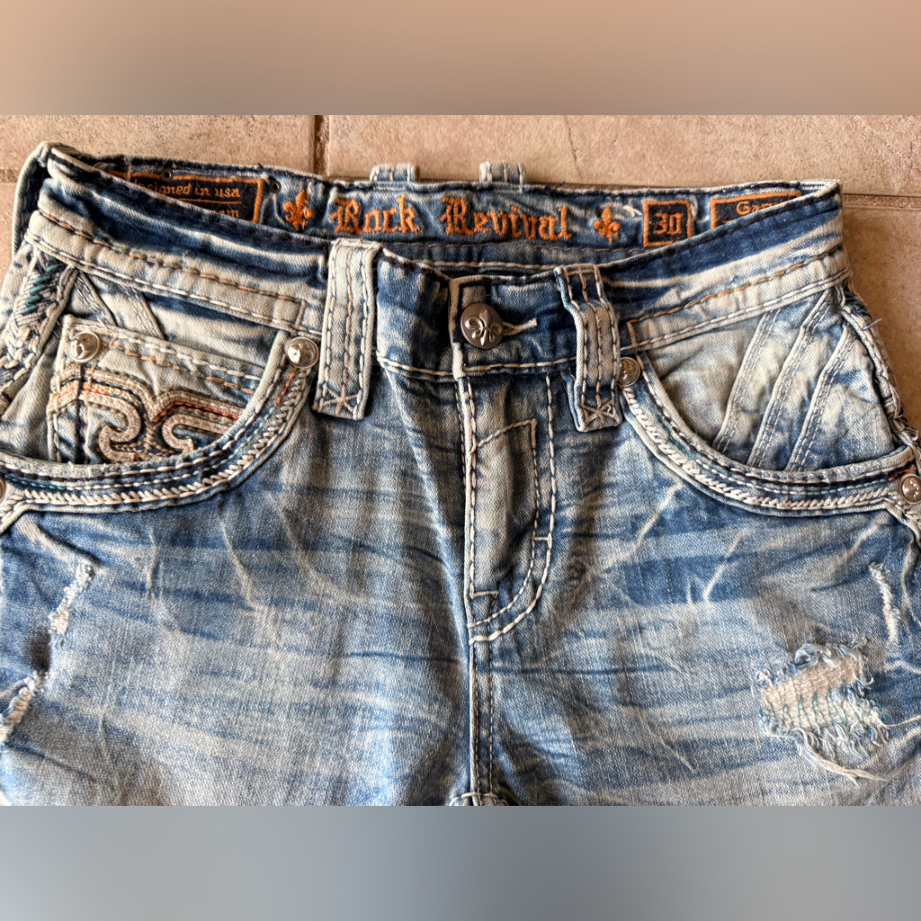 Rock Revival Blue Denim Jeans With Orange Accents